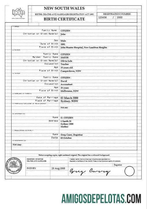 Realista modelo de certidão de nascimento Austrália Nova Gales do Sul em formato Word, versão 2